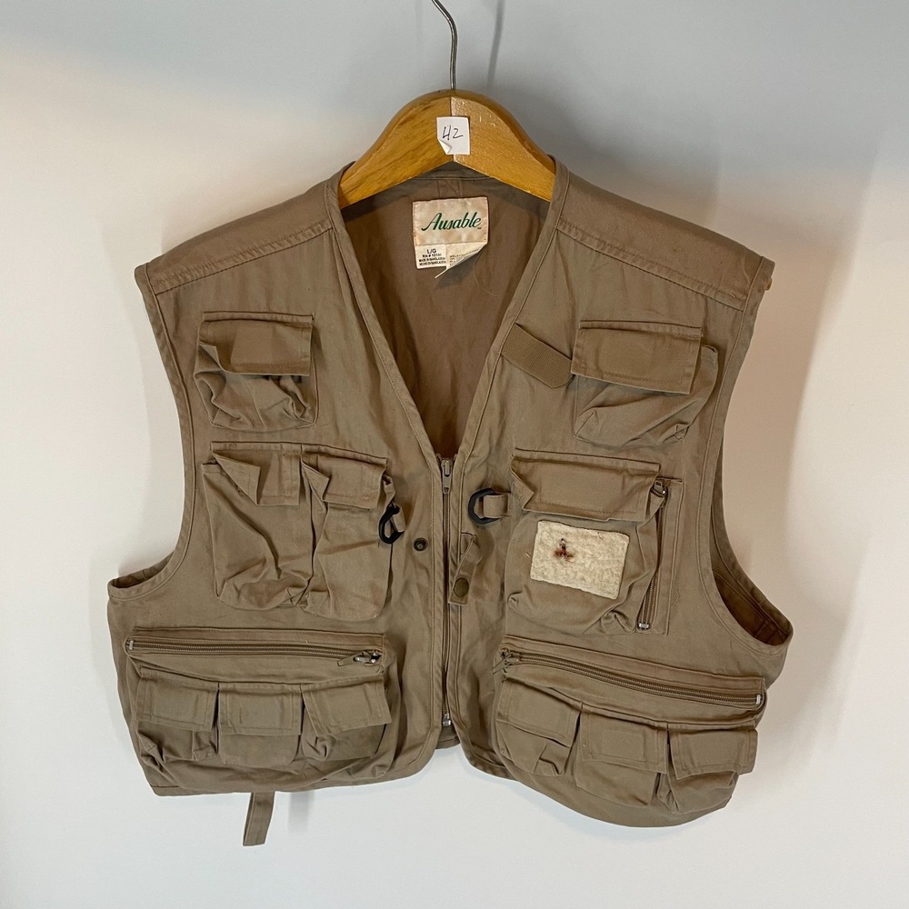 Vintage Ausable Multi Pocket Gorpcore Cotton Fly Fishing Utility Vest Khaki L
